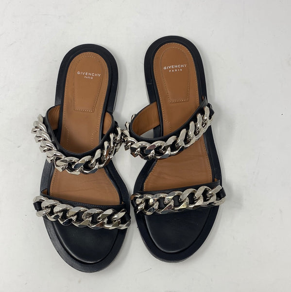 Givenchy Black Leather 2 Strap Silver Chain Slides