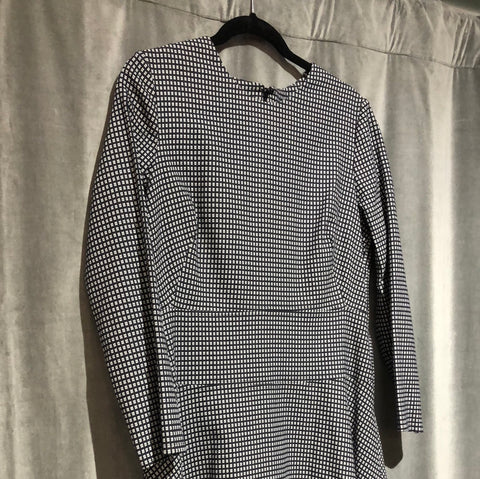 Lela Rose Black and White patterned Long sleeve Fit and Flare Dress with knit bottom