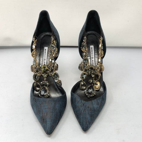 Manolo Blahnik Slate Blue and Bronze Fabric Pump with Foot Necklace