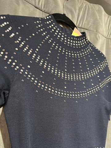 Sandro Navy Short Sleeve Mock Neck Studded Stretch Knit A line Dress