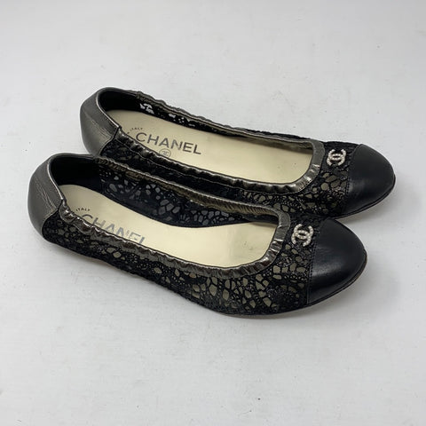 Chanel Black Lace Mesh and Leather Cap Toe Elastic Ballet Flat