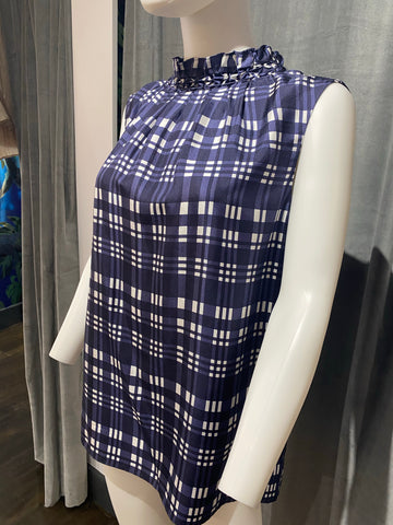 JOSEPH Navy and white Plaid Silk Sleeveless Blouse