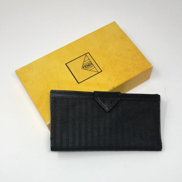VINTAGE: FENDI Black Leather Striped Fabric Multi-Pocket Rectangle Wallet