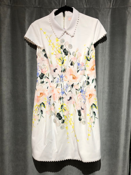 Ted Baker White Collared Floral Print Dress with Scalloped Trim