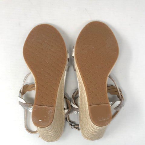 Tahari White, Silver, and Metalic twist wedge sandal