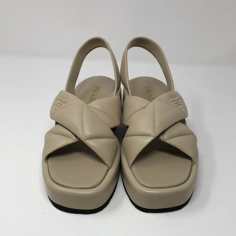 Prada Beige Leather Platform CrissCross Slingback Sandals