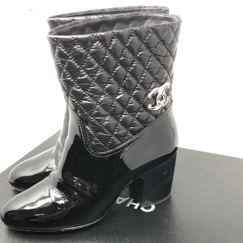 Chanel Black Patent Leather and Quilted Short Boots