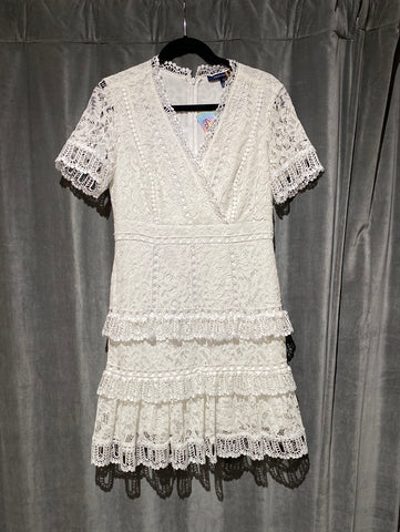 French Connection White Short Sleeve V Neck Ruffle Bottom Dress