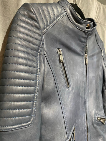 R Paris Medium Blue Leather Moto Jacket
