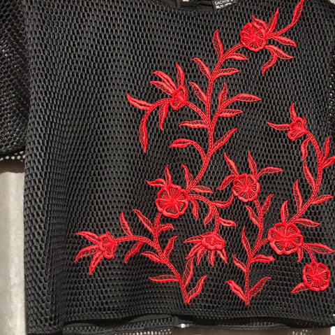 Sachin & Babi Noir Black Net Short Seeve Boxy Top with Red Floral Stitching