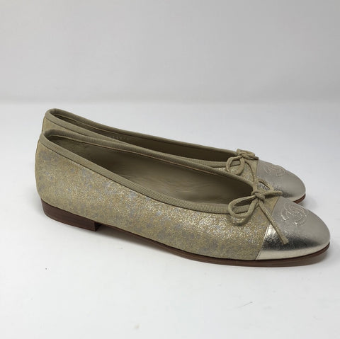 Chanel Gold Distressed Leather Ballenrina Flat with CC toe Detail and Bow