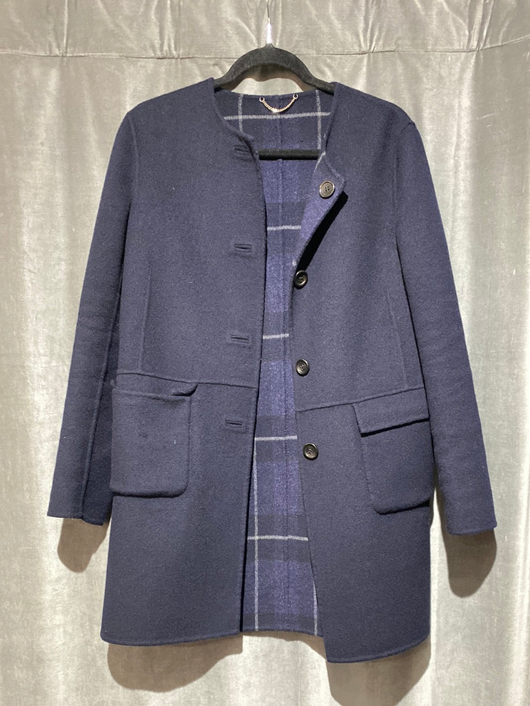 Navy/Navy Gray Wool Collarless Rversible Coat