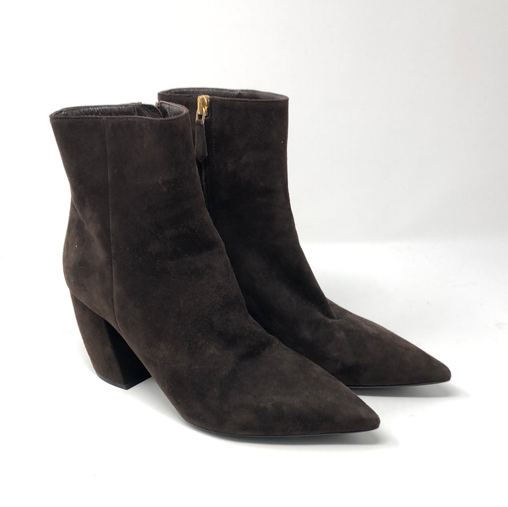 Prada Dark Brown Suede Pointed Toe Block Heel Booties