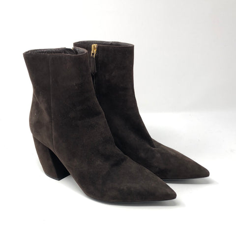 Prada Dark Brown Suede Pointed Toe Block Heel Booties