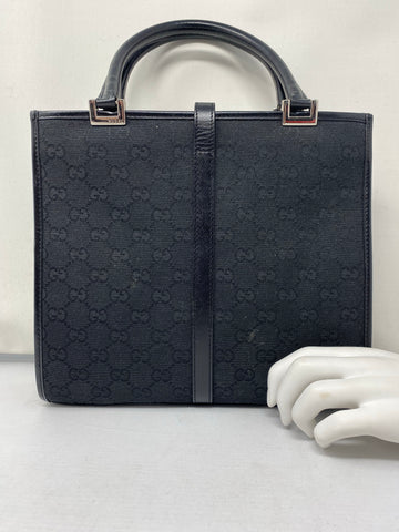 Vintage: Gucci  Black GG Monogram Top Handle Tote with Leather Trim
