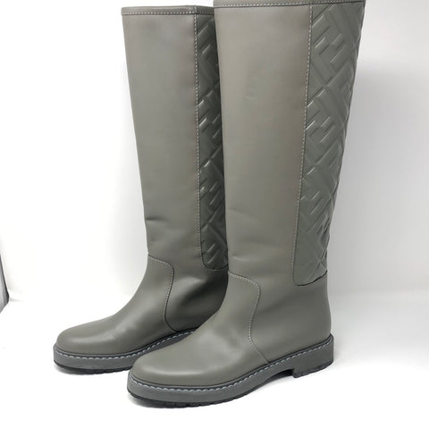 Fendi Grey leather Logo Embossed Mid-Calf Riding Boots
