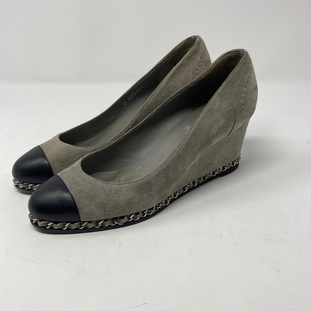 Chanel Grey Suede Chain Around Wedges with Black Leather Toe – The
