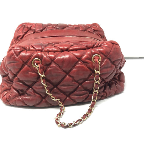 VINTAGE: Chanel Deep Red Leather Quilted double handle Bubble bag with gold textured CC