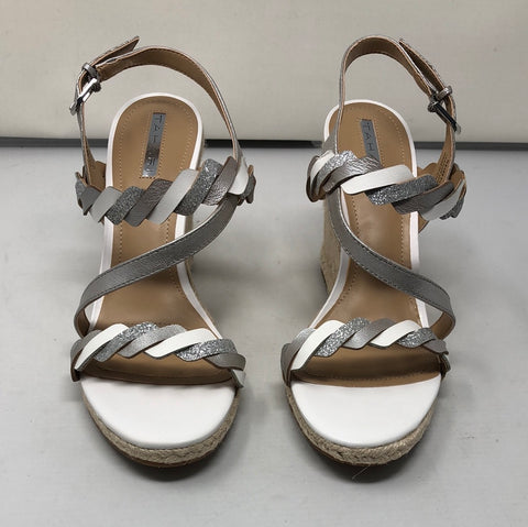 Tahari White, Silver, and Metalic twist wedge sandal