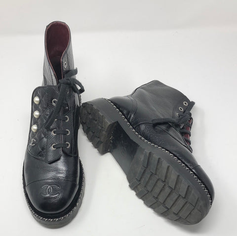 Chanel Black Crackled Calfskin Velvet Pearl Combat Short Boots