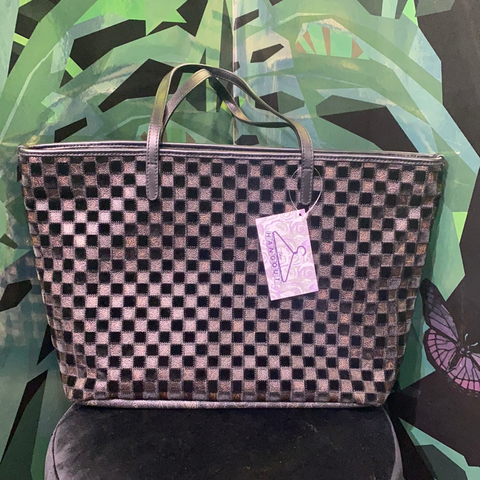 Etro Black Velvet and Leather Mini Checkerboard Top Zip Tote Bag