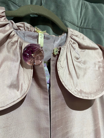 Aienla La Pink Raw Silk 3/4 Ruffle Sleeve Single Snap Coat