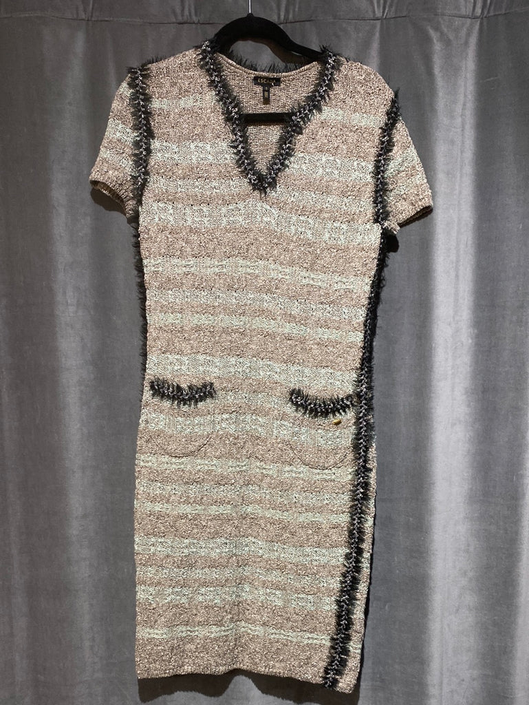 ESCADA Short Sleeve Beige and Mint Green Knit V Neck Dress