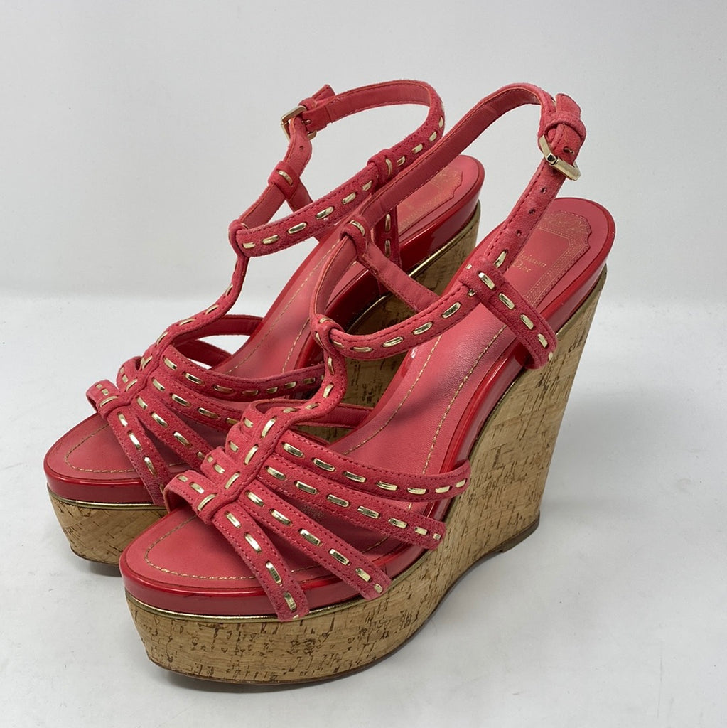 Vintage: Christian Dior Coral Leather Sandal with Cork Wedge Sandal