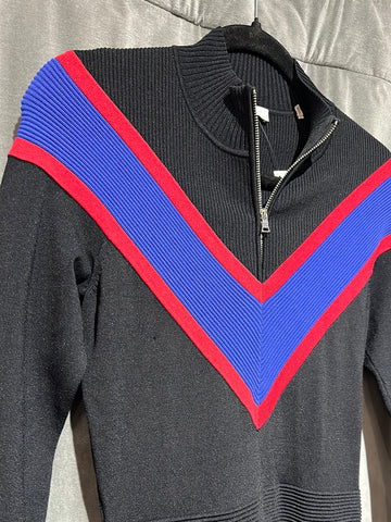 Sandro Long Sleeve Quarter Zip Black Ribbed Sweater with Purple and Red V