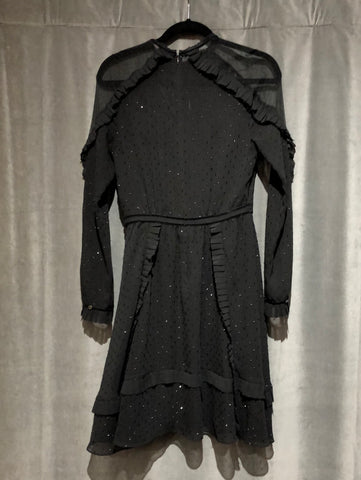 All Saints Black Long Sleeve Sparkle Ruffle Mini Dress