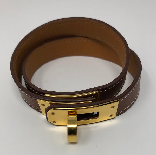 Hermes Kelly Double Tour Bracelet with Gold Hardware Brown Leather