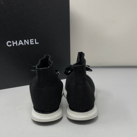 CHANEL Black Knit Sneaker with Patent Rose