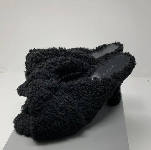 Balenciaga Drapy Sandal in Black Faux Shearling Mule