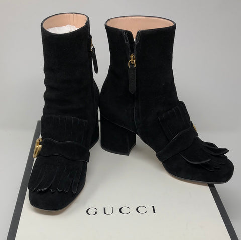 Gucci Black Suede Side Zip Booties with Interlocking GG