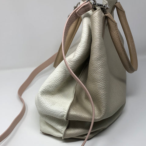 Akris Cream and Tan Pebbeled Leather Top Handle Bag