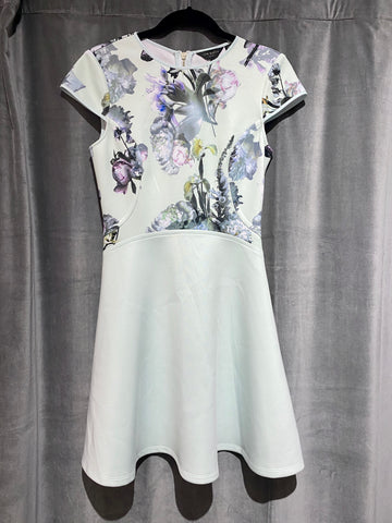 Ted Baker Cap Sleeve Fit and Flare Stretch Mint Green and Purple Floral Top and Mint Green Solid Bottom