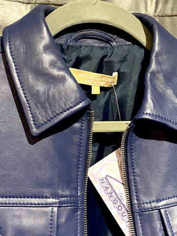 Michael Kors Leather 3/4 Sleeve Cropped Jacket Blue