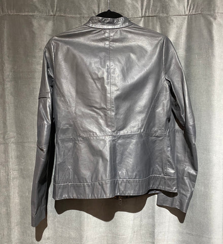 Theory Grey Leather Collarless Leather Jacket