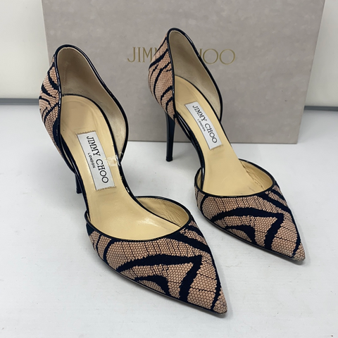Jimmy Choo 'Addison' Pink and Black Zebra Lace with Black Patent Leather Heel