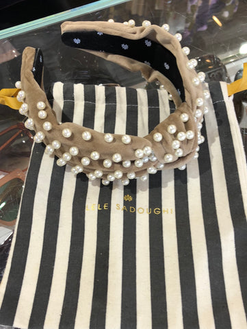 Lele Sadoughi Beige Velvet Pearl Top Knotted Heabband