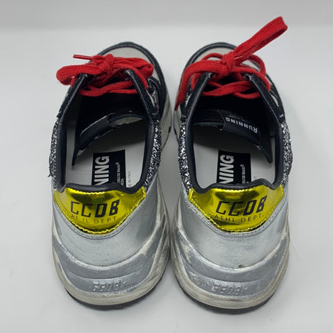Golden Goose Silver Glitter Running Sneaker with Red Shoelaces