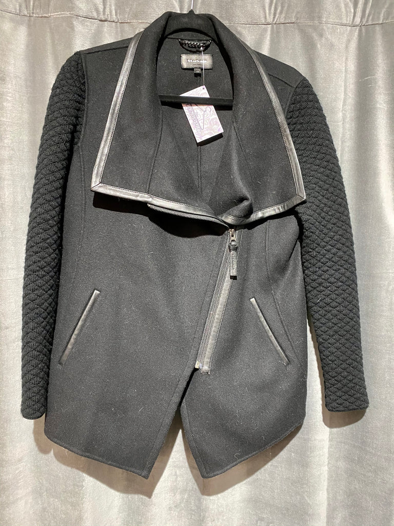 Mackage Black Asymmetrical Zipper Sweater Sleeve Jacket with Leather Trim