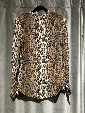 Joie Leopard Print Collarless Silk Covered Button Down Blouse
