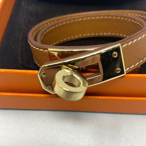 Hermes Kelly Double Tour Tan Leather Bracelet with Gold Hardware