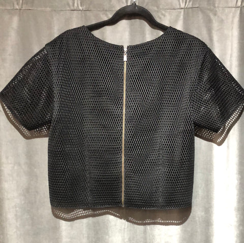 Sachin & Babi Noir Black Net Short Seeve Boxy Top with Red Floral Stitching