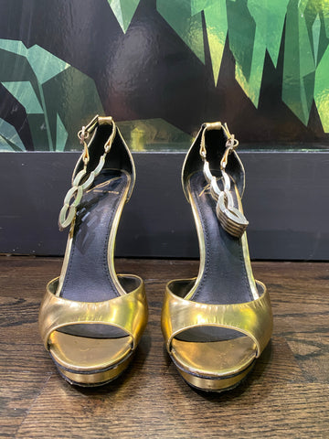 Brian Atwood Gold Platform Peep Toe Heels with Chain Link Ankle strap