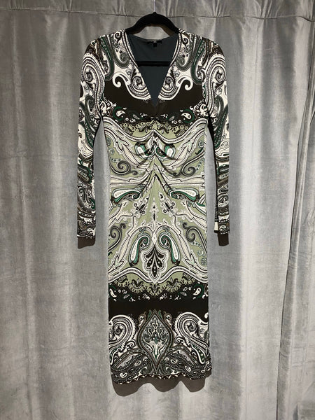 Etro Three Quarter Sleeve Paisley V Neck center Ruched Midi Dress
