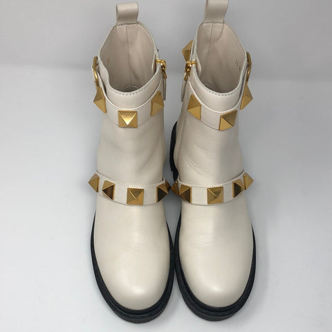 Valentino Ivory Leather Side Zip Gold Rockstud Booties
