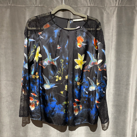Alice and Olivia Floral and Bird Print Silk Top