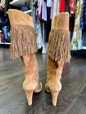 Christian Louboutin Suede Fringe Mid Calf Boot